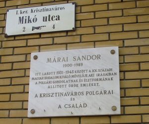 Memorial plaque in Buda at the site of Marai's home from 1931-45 in District I - Krisztinavaros