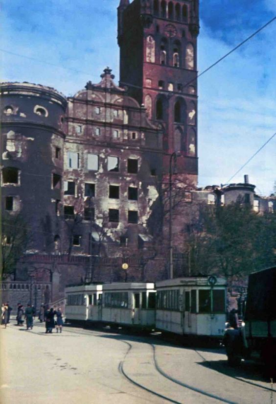 Streetcar in front of badly damaged Konigsberg Castle in 1944